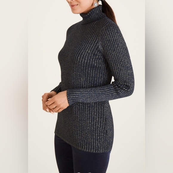 Chico’s Lurex Ribbed Coolmax Turtleneck Sweater Black/Silver Size 2 - Picture 1 of 5